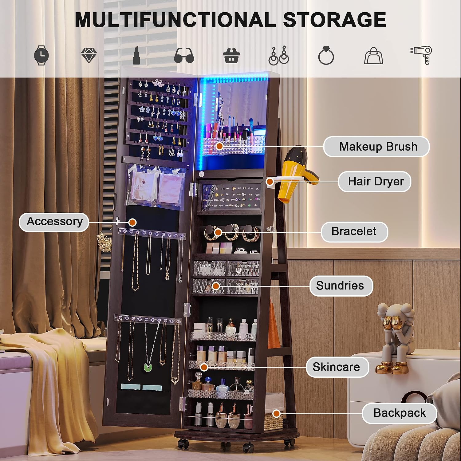 HNEBC 360° Swivel Jewelry Armoire with Mirror, LED Mirror Jewelry Cabinet Standing, Full Length Mirror with Jewelry Storage, Standing Jewelry Organizer/Lockable Wheels/Foldable Makeup Shelf (Brown)