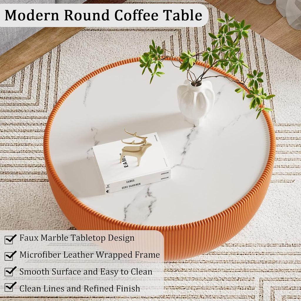 Round Coffee Table Set, 27.56' White Drum Center Table and 19.69' Orange Coffee Table Set, 2 Pieces Living Room Table Set with Sintered Stone Tabletop, Fluted PU Leather Covered and Metal Base