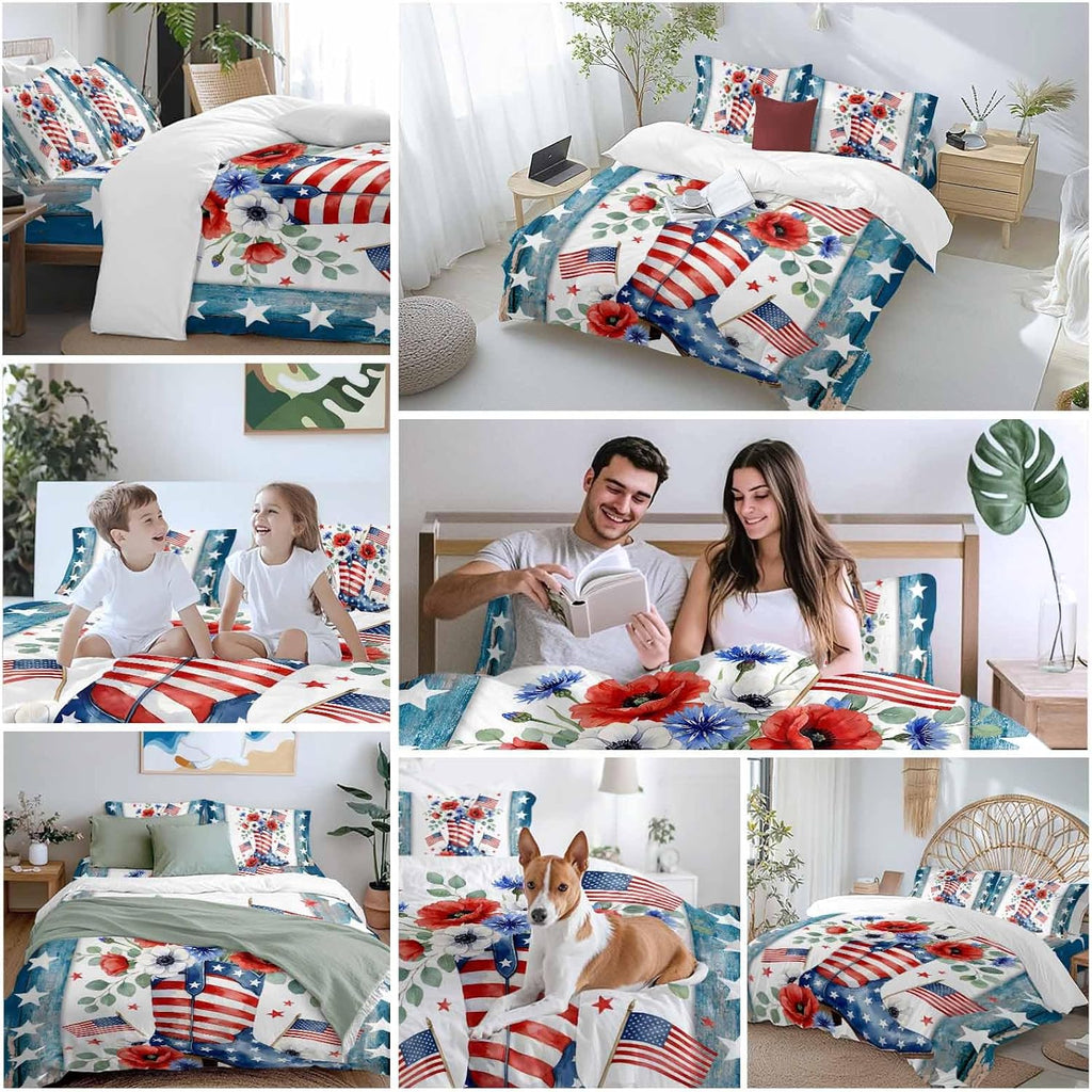 Independence Day Duvet Cover Set Queen Size 4 Pieces American Flag Boots Flowers Blue Wood Grain Bedding Set with Zipper Closure, 1 Comforter Cover 86x86 Inches 1 Flat Sheet & 2 Pillow Cases