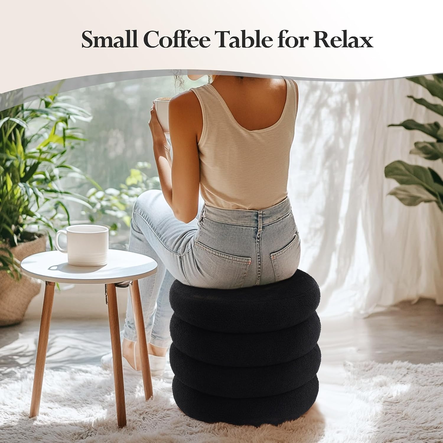 19.5 Inch Round Storage Ottoman, Modern Sherpa Ottoman Coffee Table with Removable Top, Black Vanity Stool with Storage for Bedroom, Living Room, Dorm, Set of 1