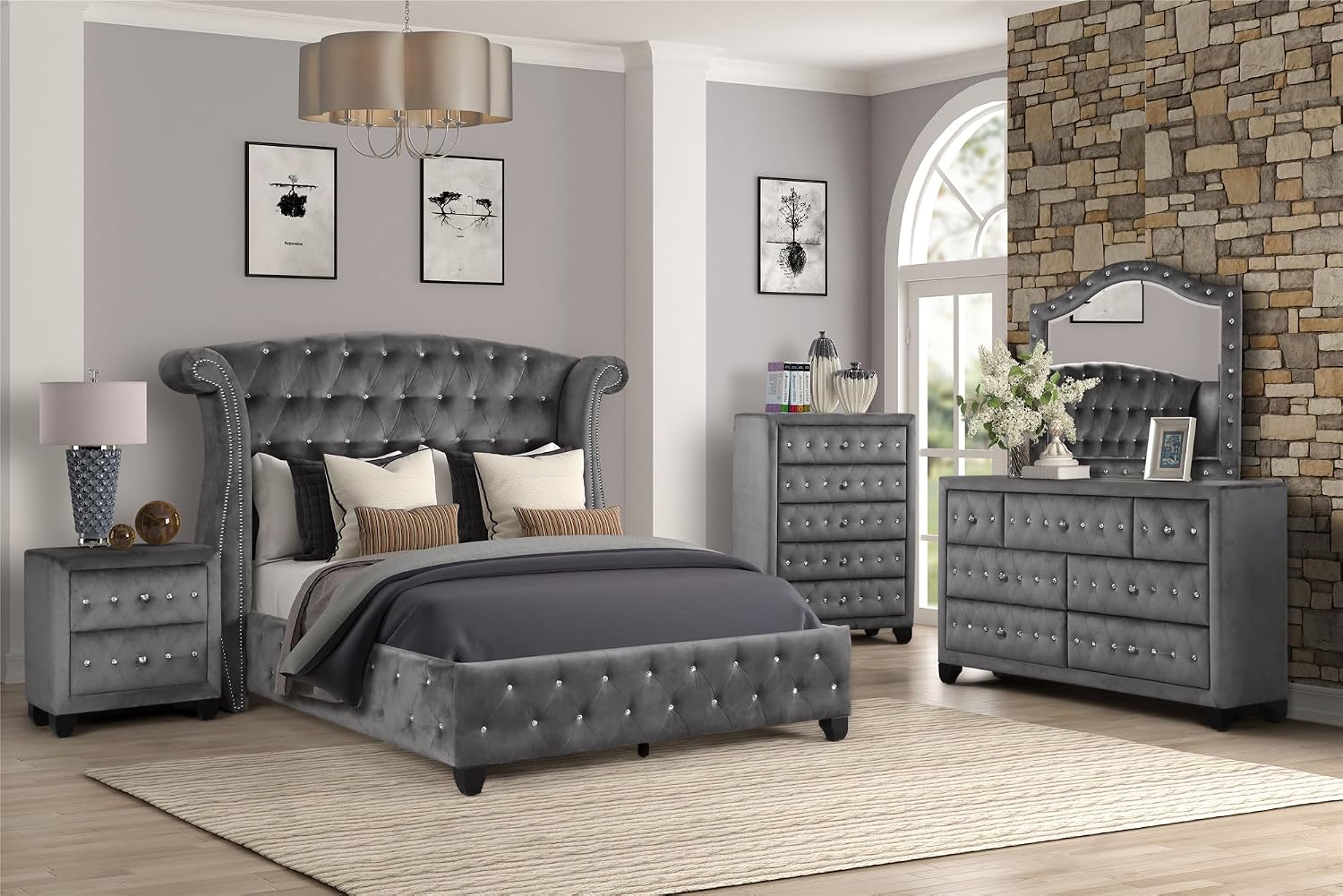 Luxury Bedroom Furniture Set - Modern Elegance with Crystal Tufted Detail, Spacious Storage, Ball Bearing Glides, and Dovetail Drawer Joints (Grey,Full 4 PCS Set)