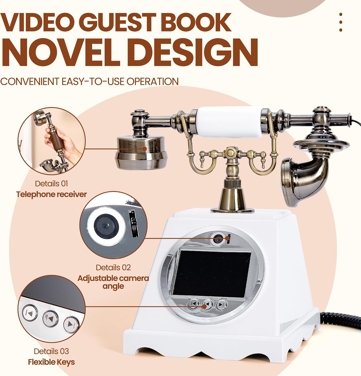FiayaCom Video Audio Guest Book Wedding Phone,1080P HD Video Phone Guestbook, Preserve Your Special Occasions, Ideal for Wedding Bridal Shower, Birthday, Graduations, Baby Shower(Retro White)