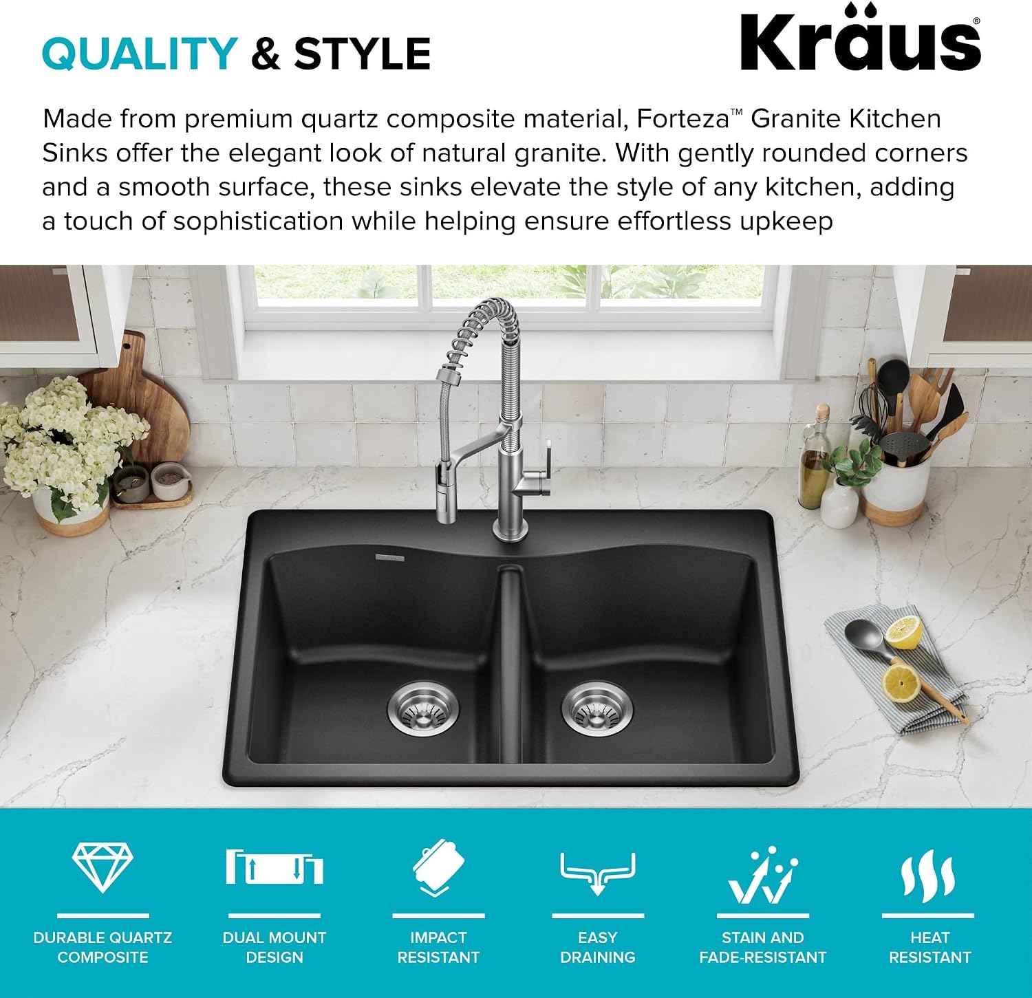 KRAUS Forteza 33-inch Drop in/Undermount 50/50 Double Bowl Granite Kitchen Sink in Black, KGD-52BLACK