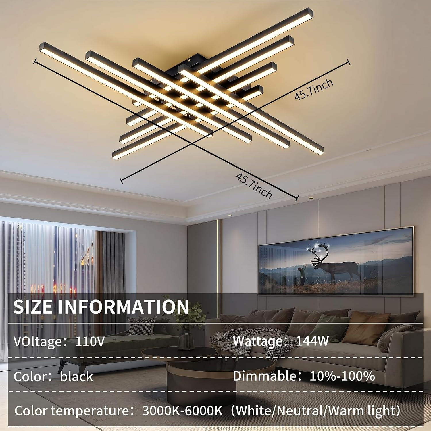 Flush Mount Ceiling Light Fixture 45.7' Modern Black Sputnik Dimmable LED Lamp with Remote Control Ideal for Bedroom Living Room Kitchen Room(8 Lights)