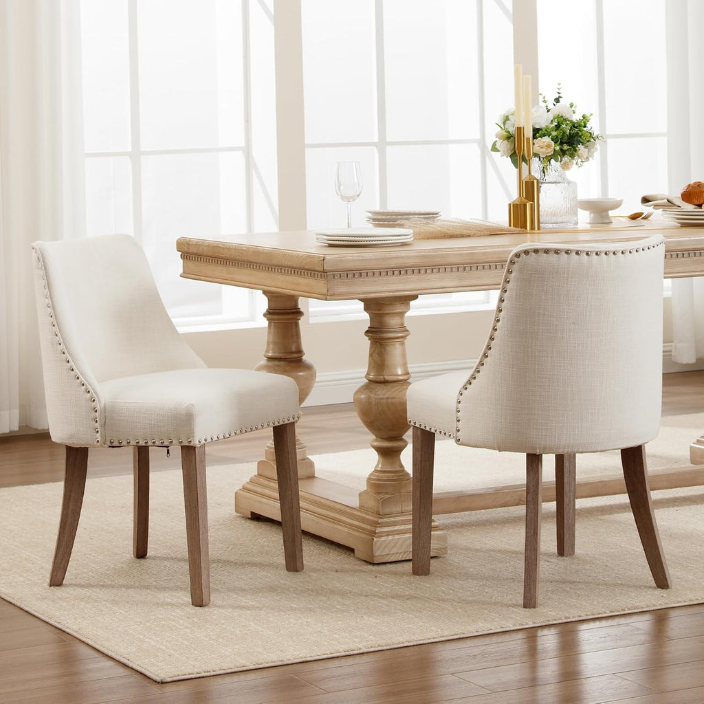 Mid Century Modern Dining Chairs Set of 4 Upholstered Linen Fabric Accent Chairs Wooden Side Chair for Living Room/Dining Room/Bedroom, Cream