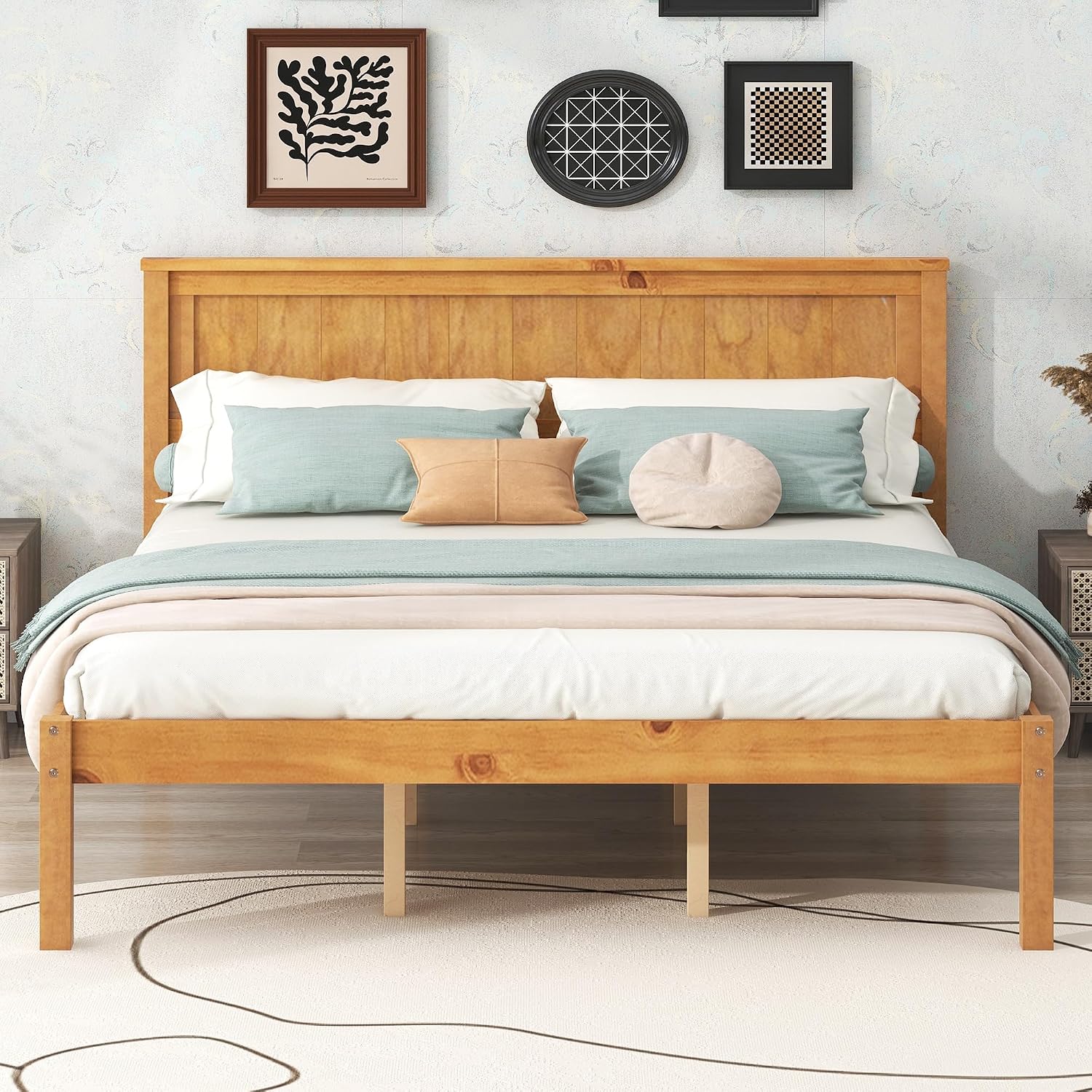Queen Size Wood Bed Frame and Headboard, Modern Retro Brown Platform Beds Frames, Sturdy and Durable Design Rustic Wooden Bedroom Set, Easy Assembly, No Box Spring Needed (Oak, Queen)