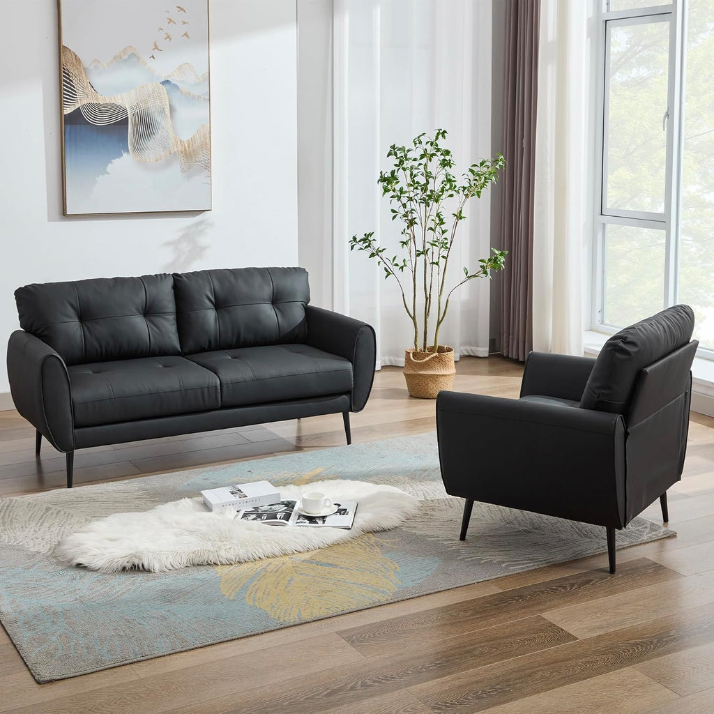 TYBOATLE Sofa Couch 61' Small Loveseat Couches for Living Room Leather Couch Mid Century Modern Tufted Mini Sofa Comfy Office 2 Seat Settee Love Seat for Small Spaces Bedroom (2, Black)
