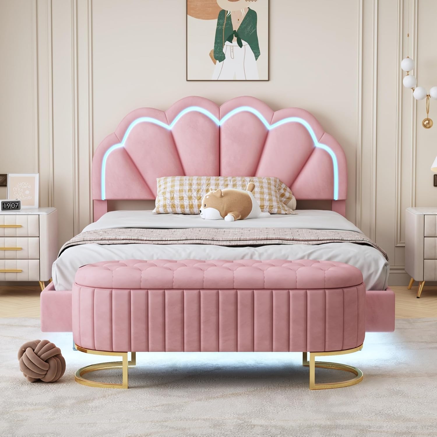 2-Pieces Bedroom Sets,Full Size Upholstered Led Platform Bed with Storage Ottoman,Easy to Assemble,No Box Spring Needed (Pink-4)