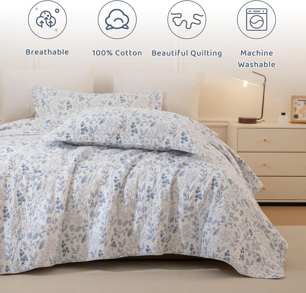 Sanracie Oversized King Bedspread 120'x120', 100% Cotton White and Blue Floral Quilted Bedspread Set 3Pcs Soft Breathable Shabby French Country Chic Vintage Garden Floral Bedding Set for All Season
