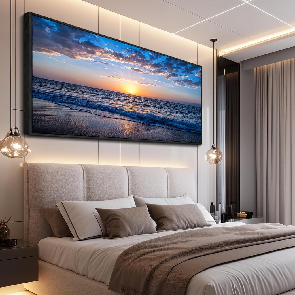 hyidecorart Blue Ocean Wall Art Large Paintings For Living Room Wall Decor For Bedroom Landscape Nature Artwork For Walls Canvas Prints Calm Waves Beach Pictures For The Office Black Framed 72x32
