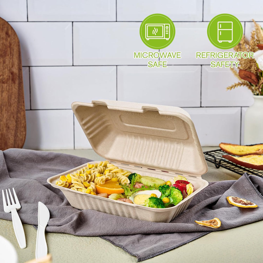 ECOLipak 500 Pack Clamshell Take Out Food Containers, 100% Compostable Disposable To Go Containers, 9X6 inch Heavy-Duty To Go Boxes for Food