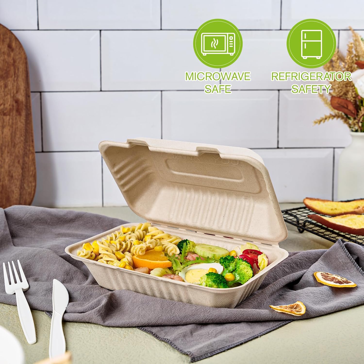ECOLipak 500 Pack Clamshell Take Out Food Containers, 100% Compostable Disposable To Go Containers, 9X6 inch Heavy-Duty To Go Boxes for Food