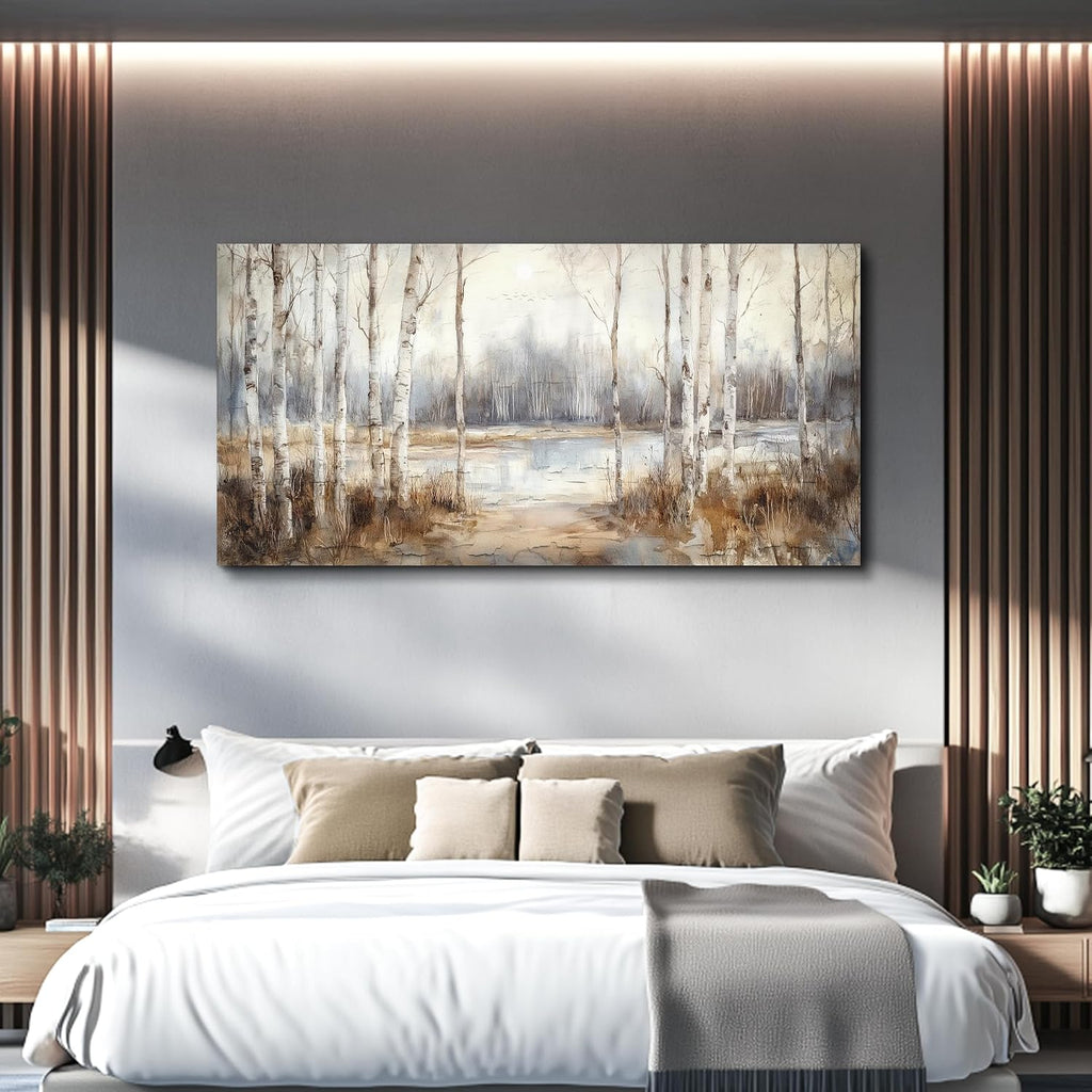 QIYILEXWART Canvas Wall Art For Living Room Large Wall Decor For Office Bedroom Decorations By The Lake Pictures Birch Forest Painting Stretched And Framed Artwork Room Ready To Hang