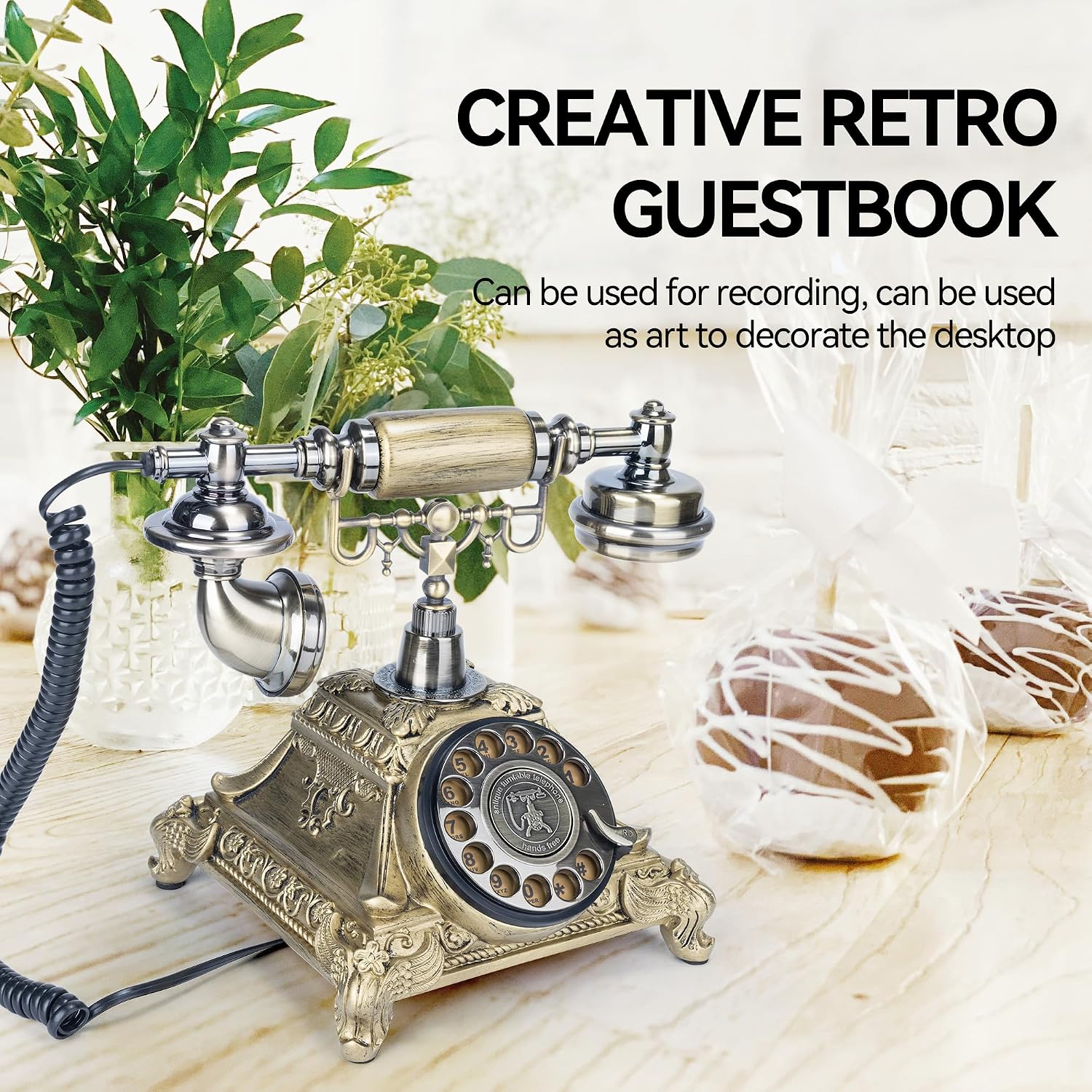 Audio Guest Book Wedding Phone, Retro Audio Phone Guestbook with Clear Voice Recording for Wedding Reception, Bridal Shower, Birthday, Baby Shower, Anniversary, Engagement (07BRONZE)