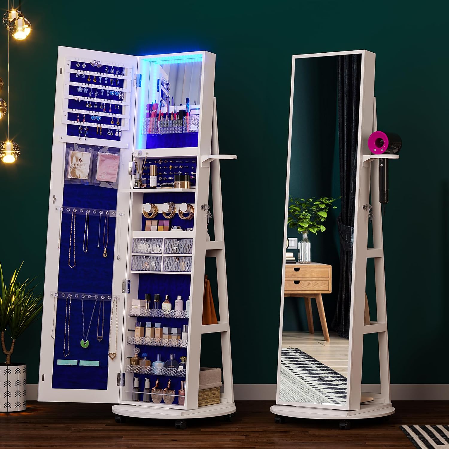 HNEBC 360° Swivel Jewelry Armoire with Mirror, LED Mirror Jewelry Cabinet Standing, Full Length Mirror with Jewelry Storage, Standing Jewelry Organizer/Lockable Wheels/Foldable Makeup Shelf (A-White)