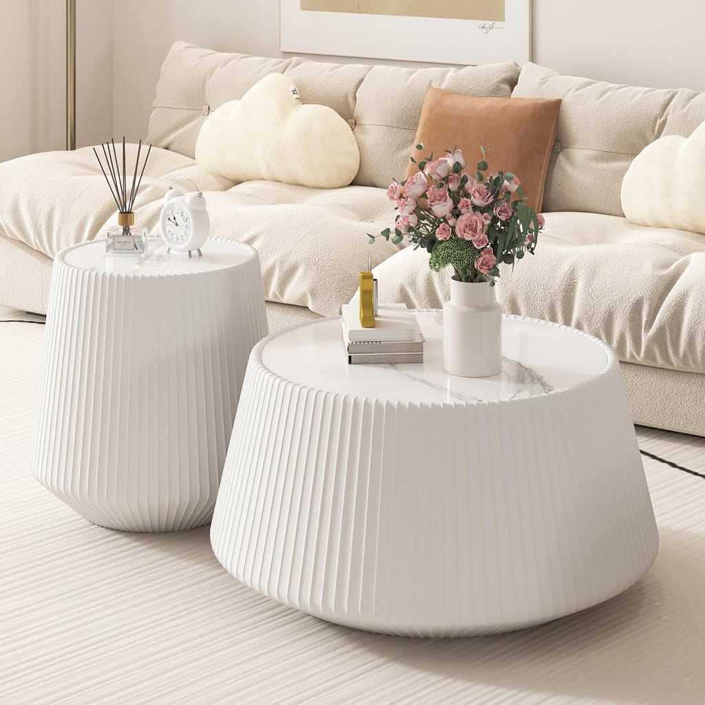 26.77' White Round Coffee Table, Drum Coffee Table with Sintered Stone Tabletop and Fluted PU Leather Covered and Stable Base, Circle Cocktail Tea Table for Living Room