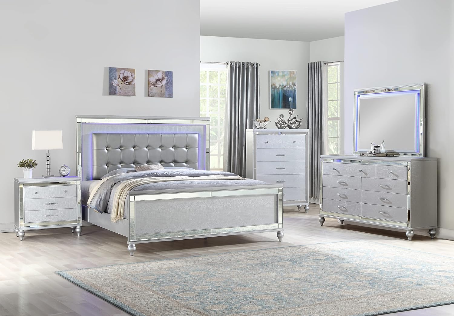 Full 5 PC LED Bedroom Set Made with Wood in Silver Color