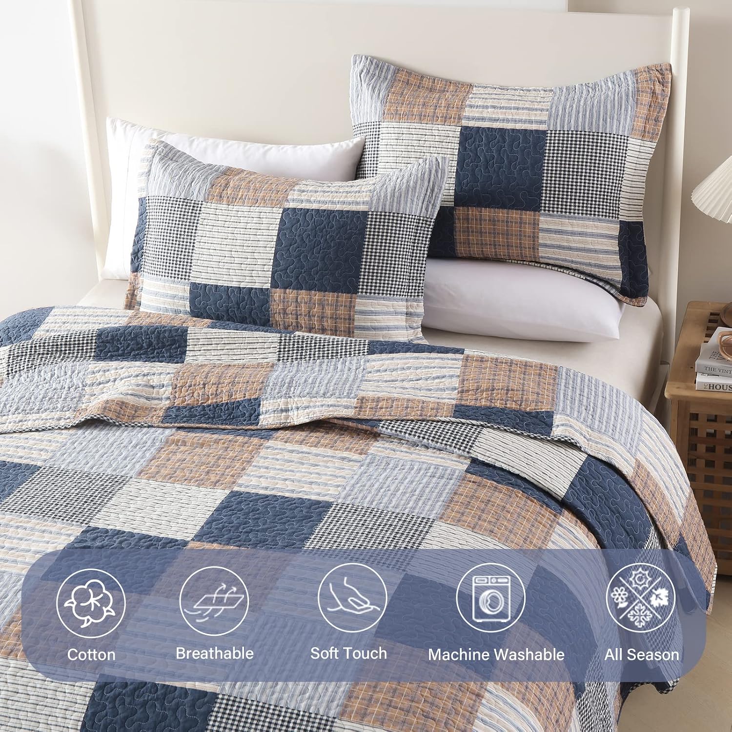 Finlonte Quilt King Size - 100% Cotton King Size Comforter Set Navy Brown White Plaid Farmhouse Quilt Bedding Set, Reversible Lightweight Soft Bedspread, Quilted Coverlet All-Season, 3-Piece