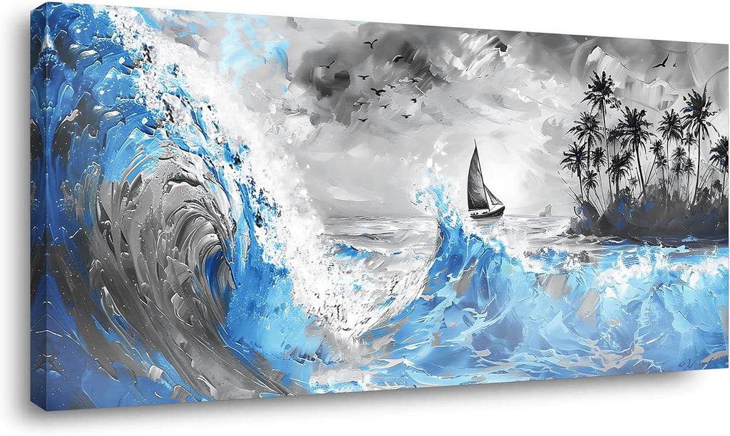 Piy Painting Blue Waves and Sailboat On Black and White Background Wall Art Decor Artwork for Living Room (30x60 Inches)