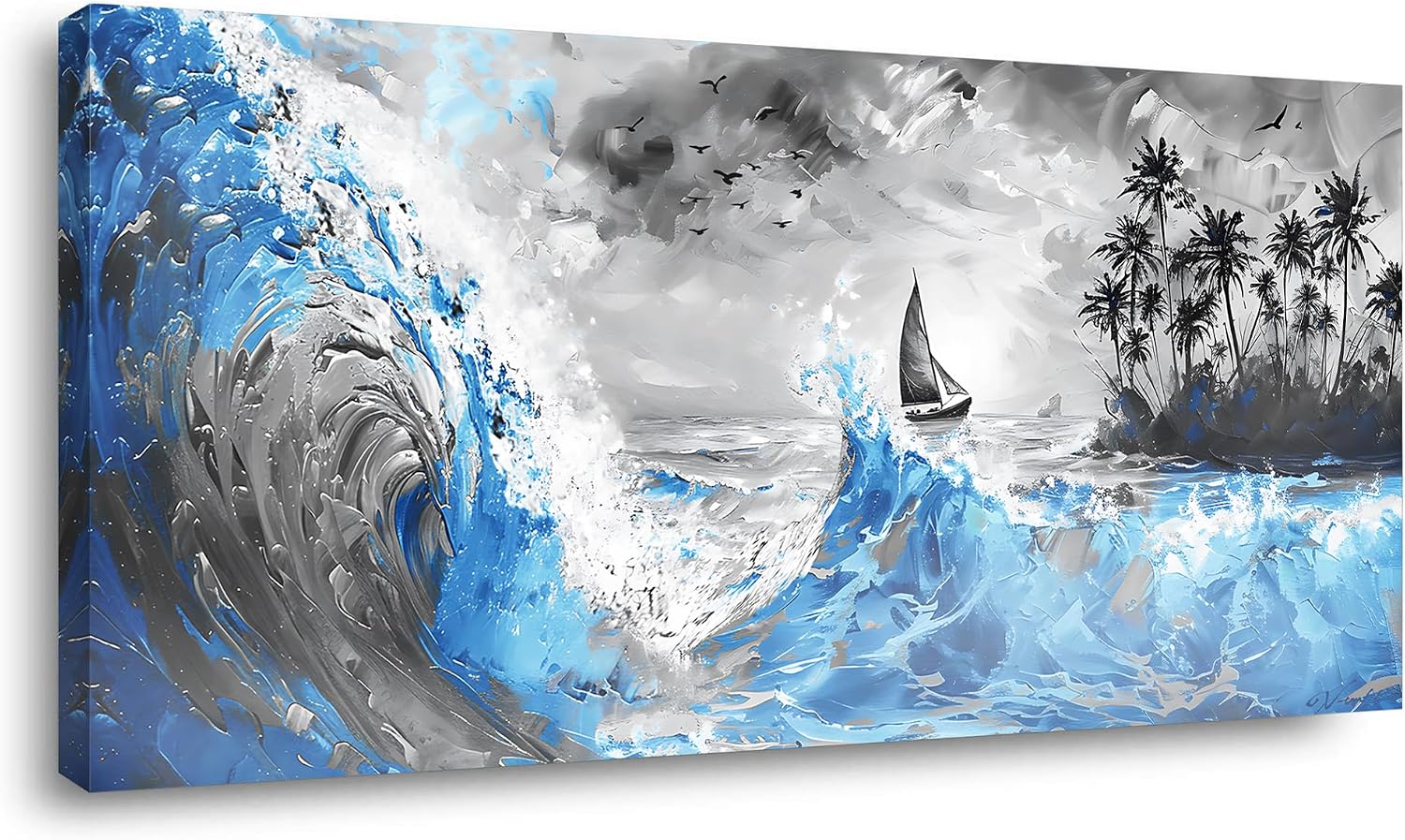 Piy Painting Blue Waves and Sailboat On Black and White Background Wall Art Decor Artwork for Living Room (30x60 Inches)