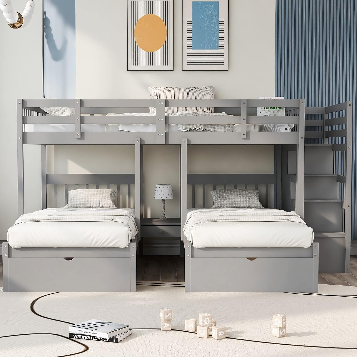 VilroCaz Upgraded Version Full Over Twin & Twin Bunk Bed, Solid Wood Triple Bunk Bed with Storage Drawers and Staircase, Strong Sturdy Bunk Bed Frame with Guardrails for Kids Teens Aldults (Gray-U)