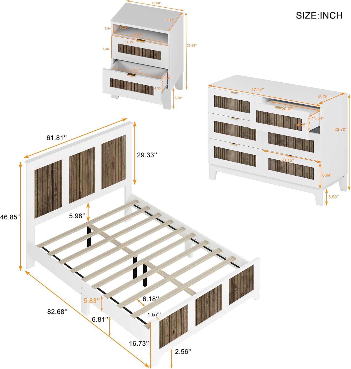 4-Pieces Bedroom Sets, Queen Size Farmhouse Platform Bed with Wooden Strip Decoration Headboard, Storage Nightstand and Dresser with Metal Handle for Bedroom Furniture (White, Queen)