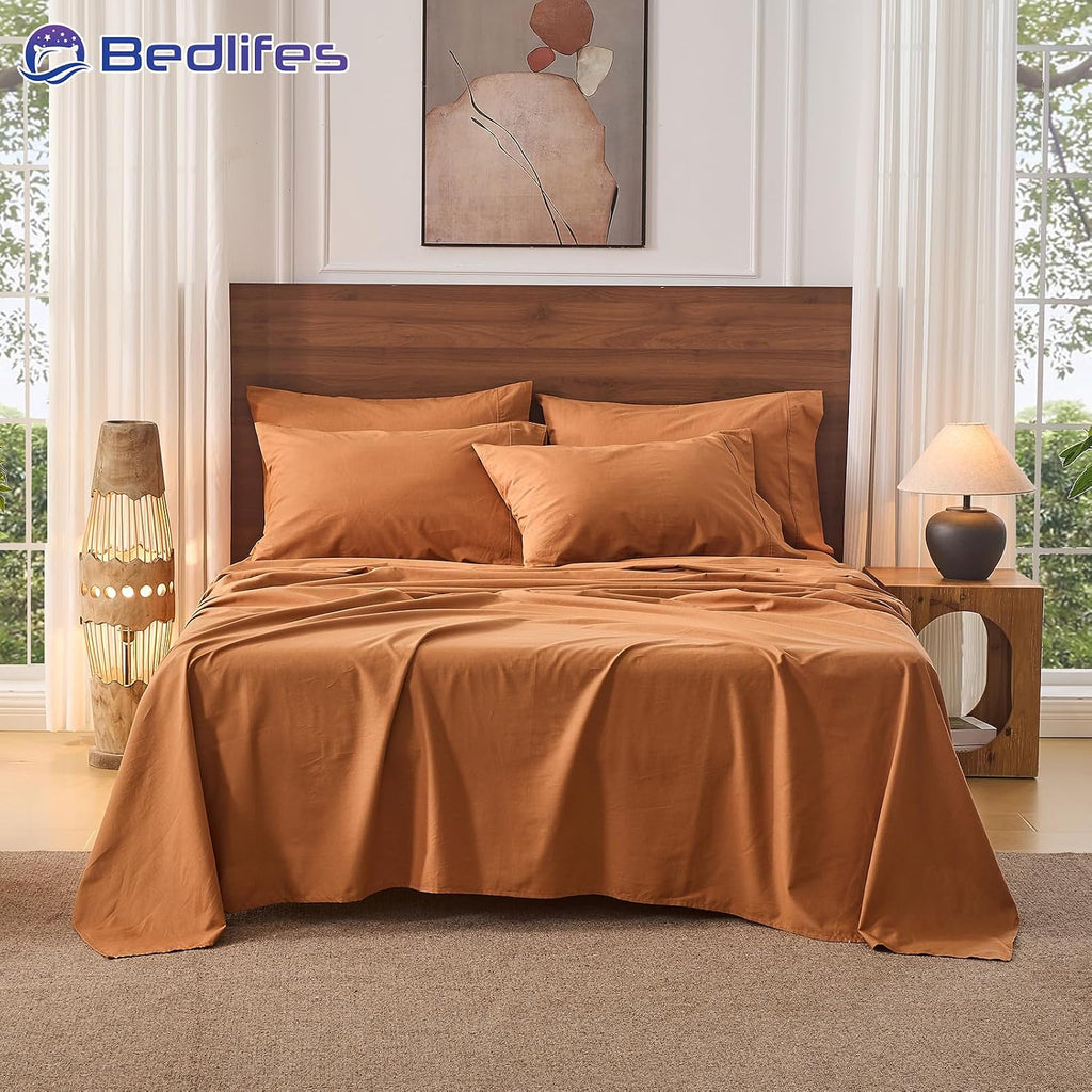 Bedlifes 100% French Pure Linen Sheets California King Size Breathable and Cooling Flax Sheet Set Soft Durable and Moisture Wicking 16 Inch Deep Pocket-4 Piece(Cal King,Brown)
