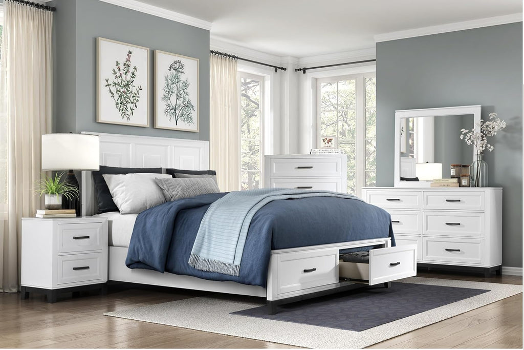 White Finish Bedroom Furniture Set Full Size 6pcs Platform Bed with Drawers Transitional Style