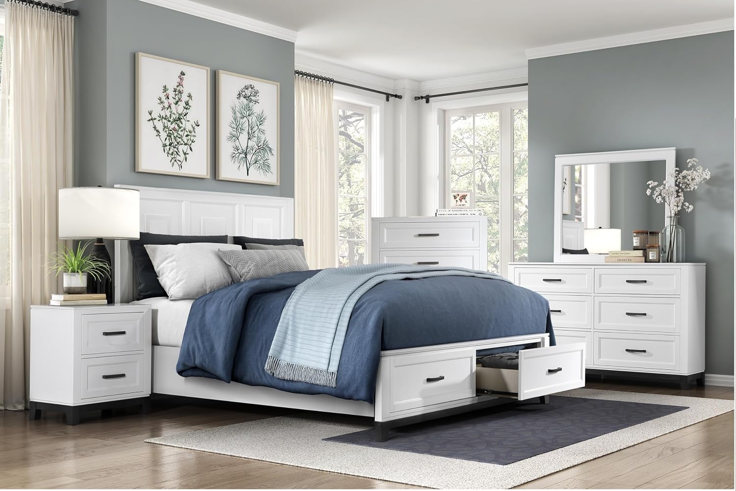White Finish Bedroom Furniture Set Full Size 6pcs Platform Bed with Drawers Transitional Style
