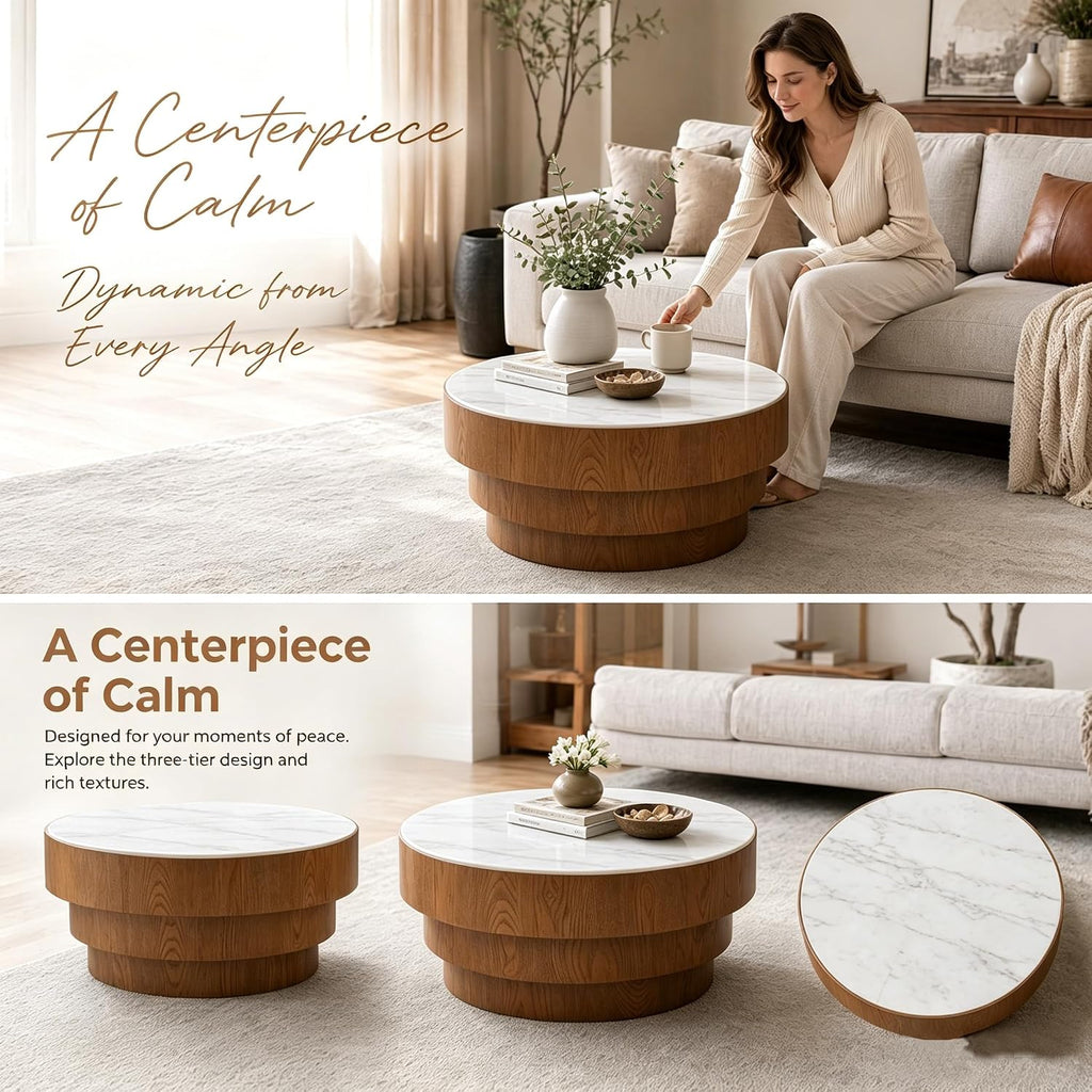 White Round Coffee Table, 31.5' Round Coffee Table with Sintered Stone Tabletop and MDF with Wood Veneer Tiered Base, Modern Low Profile Circle Cocktail Tea Table for Living Room