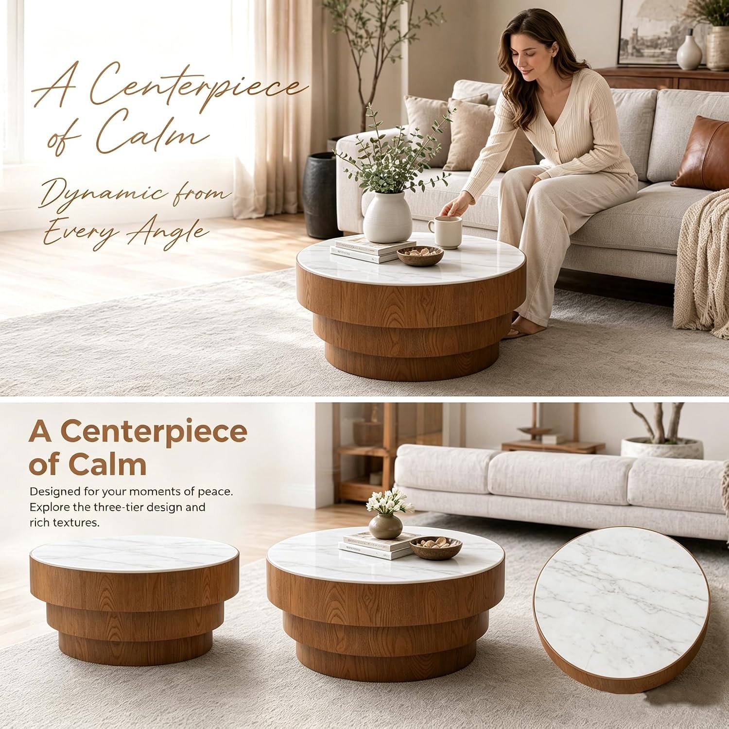 White Round Coffee Table, 31.5' Round Coffee Table with Sintered Stone Tabletop and MDF with Wood Veneer Tiered Base, Modern Low Profile Circle Cocktail Tea Table for Living Room