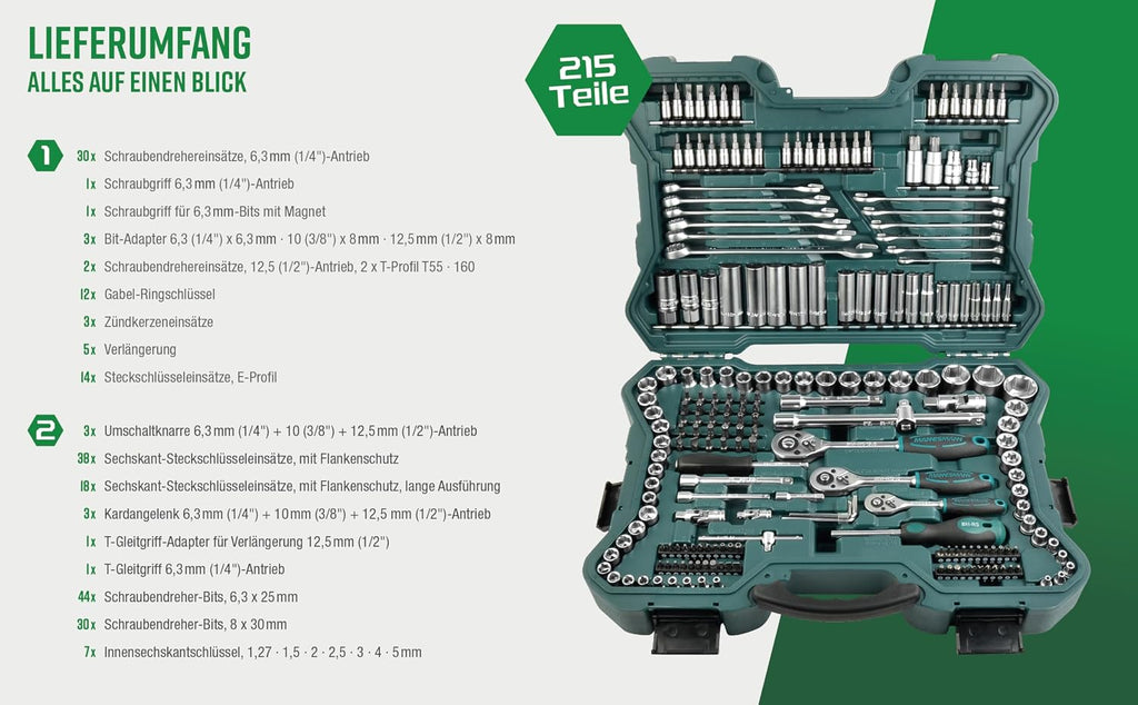 Brüder Mannesmann 215-piece socket wrench set 1/4' 3/8' 1/2' | M98430