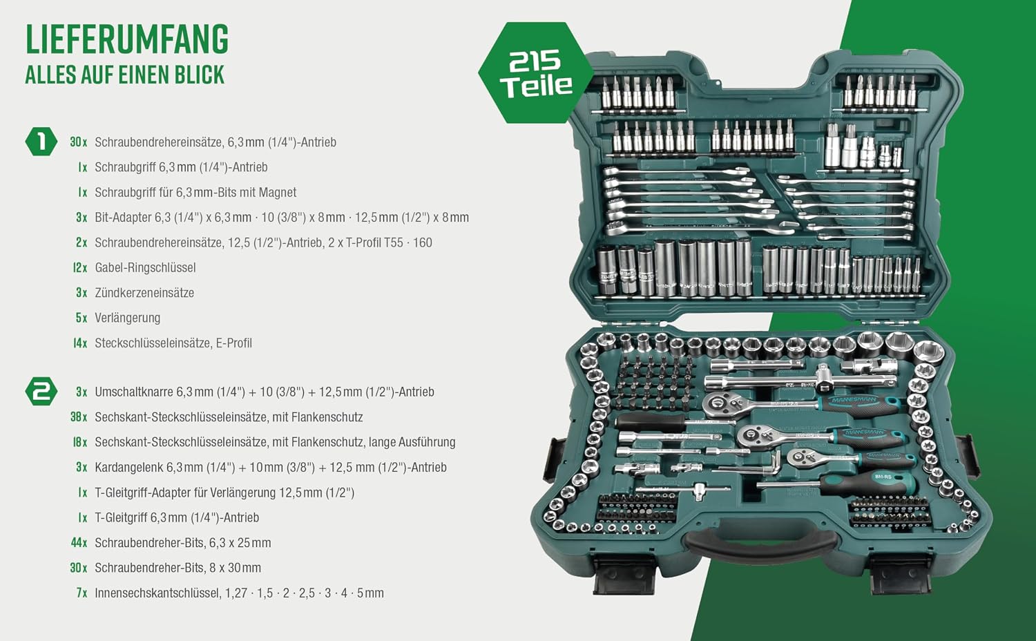 Brüder Mannesmann 215-piece socket wrench set 1/4' 3/8' 1/2' | M98430