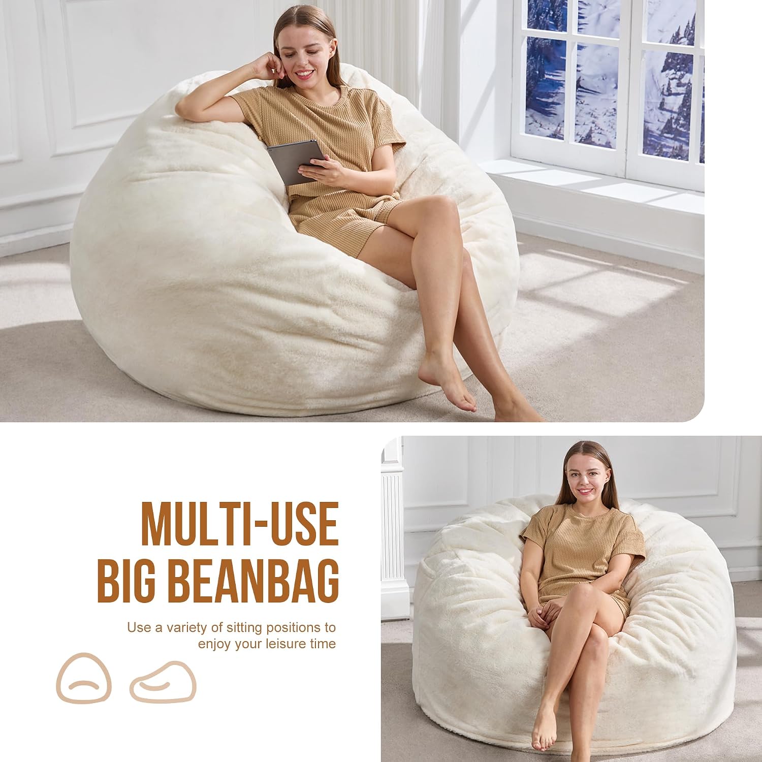 Hobestluk 5ft Bean Bag Chairs for Adults Large Beanbag Chair with Plush Faux Fur Cover Big Bean Bag Chair for Living Room Bedroom Dorm Office - White (50' x 50' x 24')
