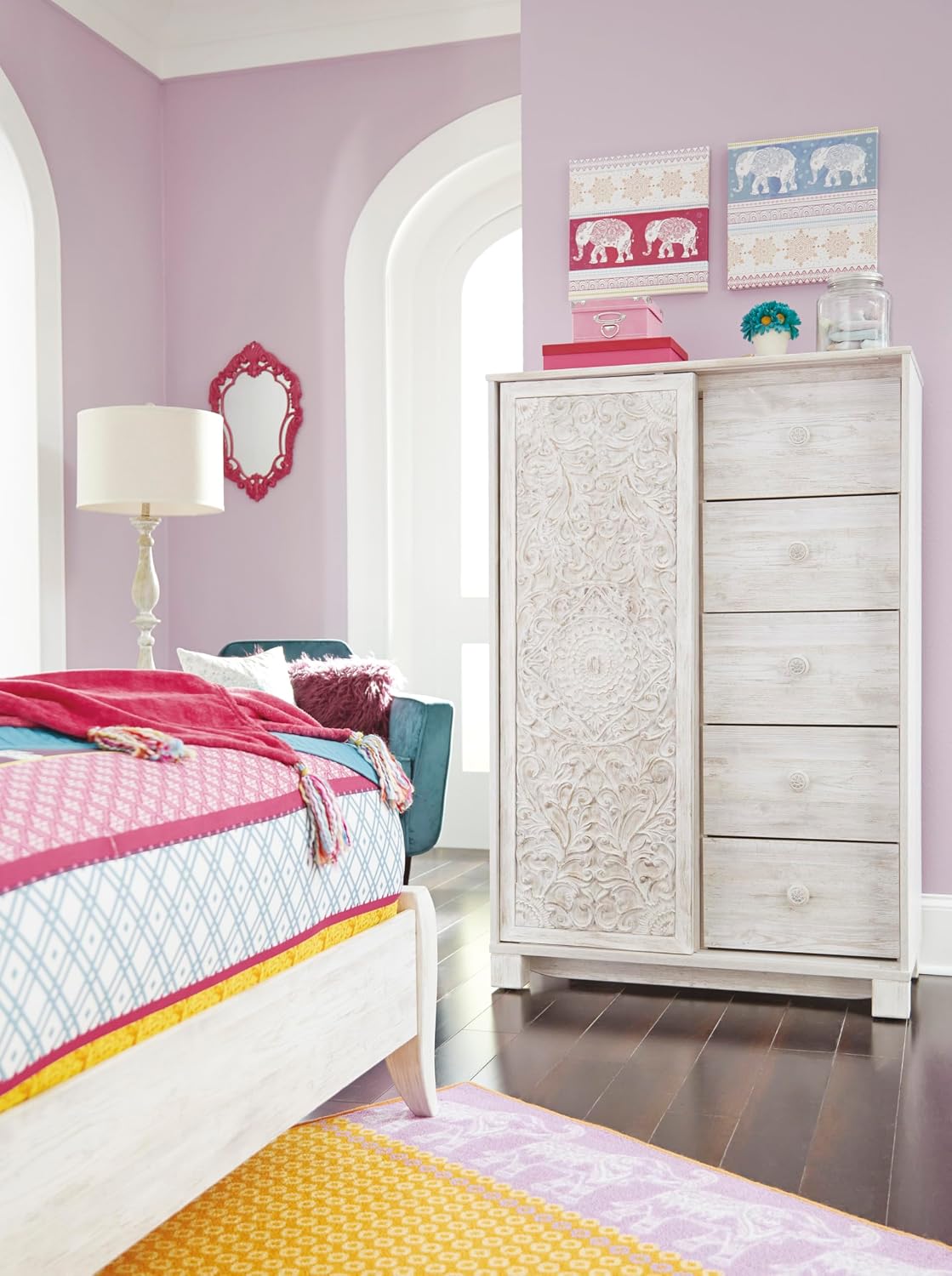 Signature Design by Ashley Paxberry Boho 5 Drawer Dressing Chest with Slider Door & 3 Adjustable Shelves, Whitewash