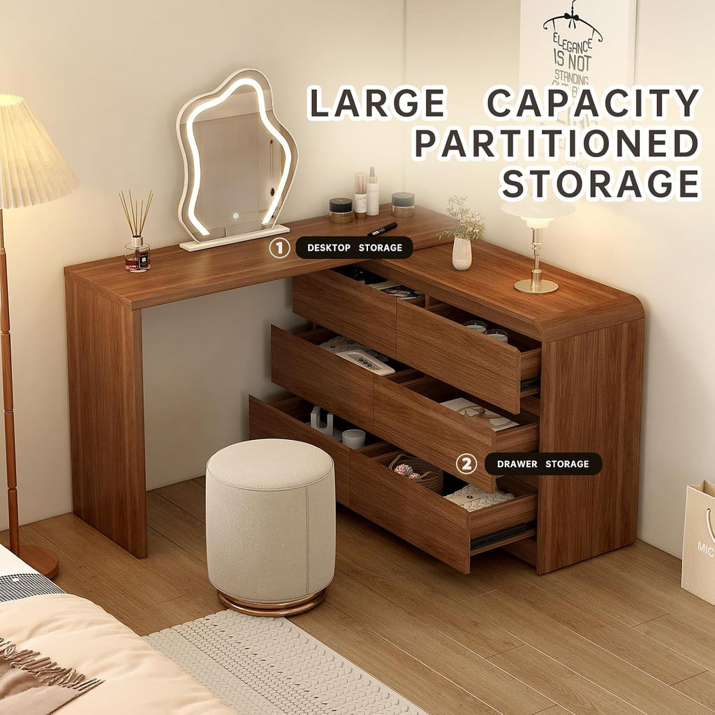 Messenya Makeup Vanity Desk with Cloud HD Mirror and Lights, 50-94in Extendable Modern Vanity Table Set with Chair, 6-Drawer Storage Cabinet with Rounded Corners, Dressing Table for Bedroom, Brown