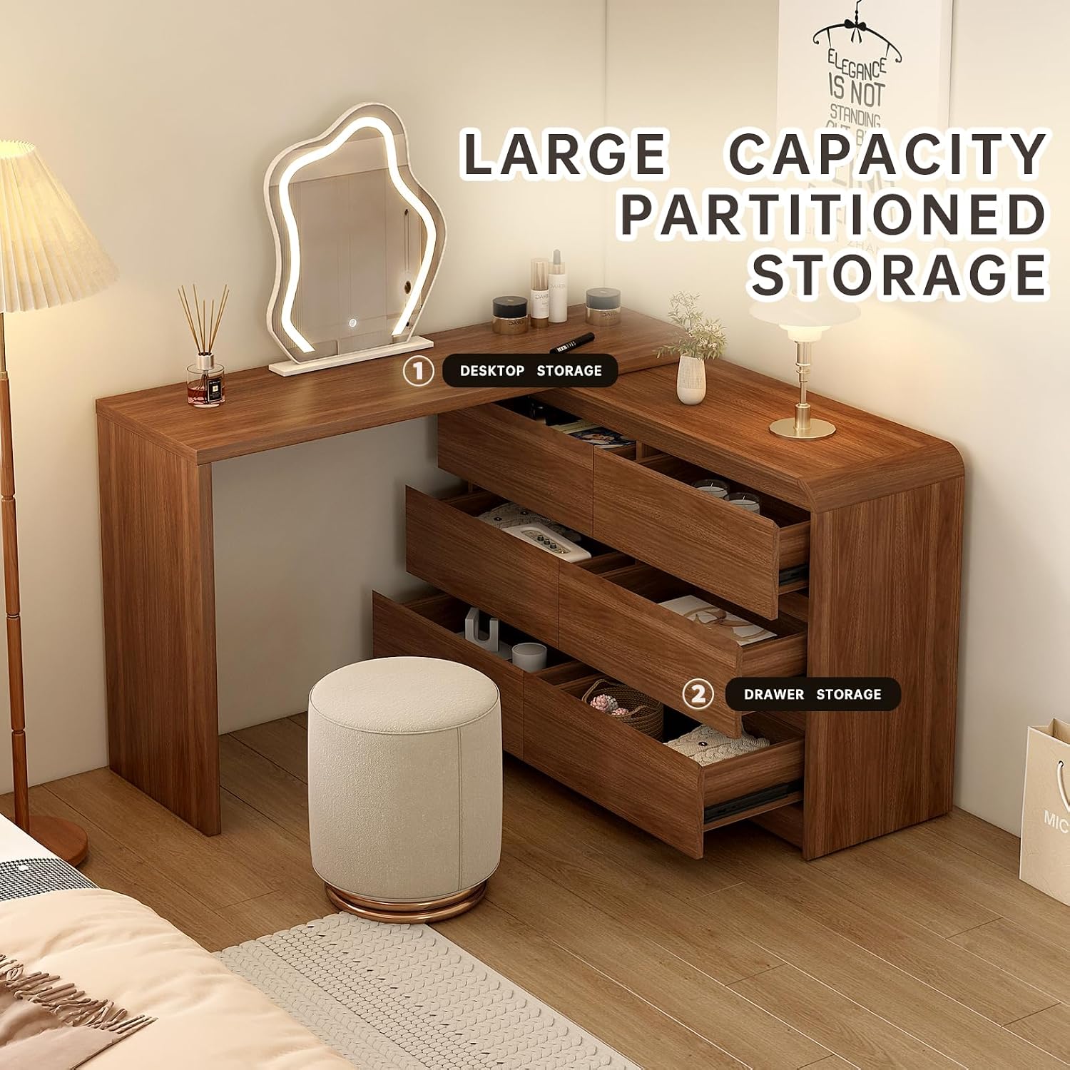 Messenya Makeup Vanity Desk with Cloud HD Mirror and Lights, 50-94in Extendable Modern Vanity Table Set with Chair, 6-Drawer Storage Cabinet with Rounded Corners, Dressing Table for Bedroom, Brown