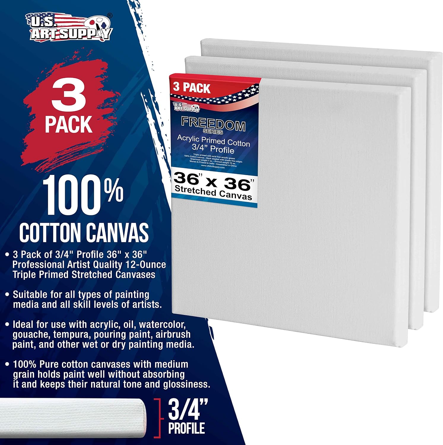 U.S. Art Supply 36 x 36 inch Stretched Canvas 12-Ounce Triple Primed, 3-Pack - Professional Artist Quality White Blank 3/4' Profile, 100% Cotton, Heavy-Weight Gesso - Acrylic Pouring, Oil Painting