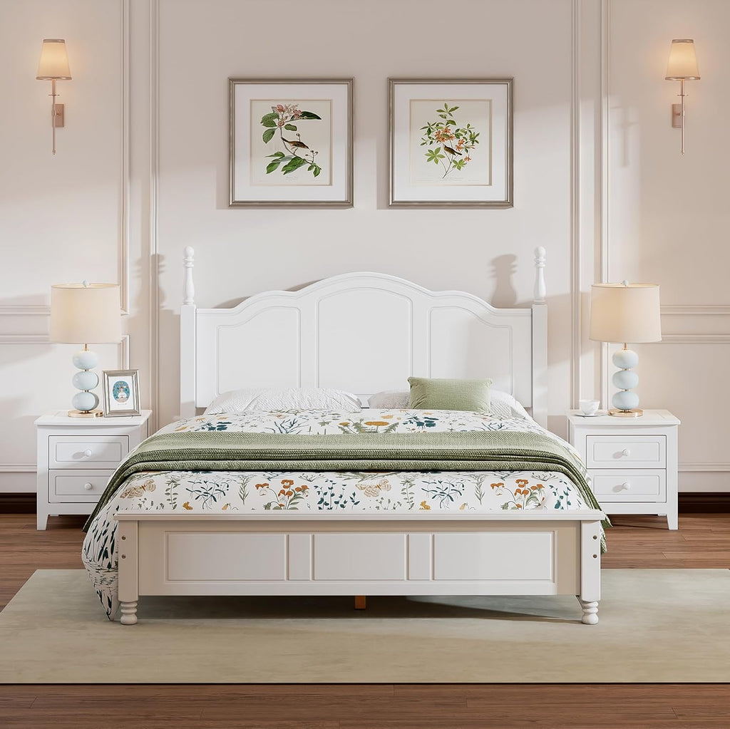 Bedroom Set of Furniture, Wooden Platform Bed and Two Bedside Tables, for Family Use(White(Queen))