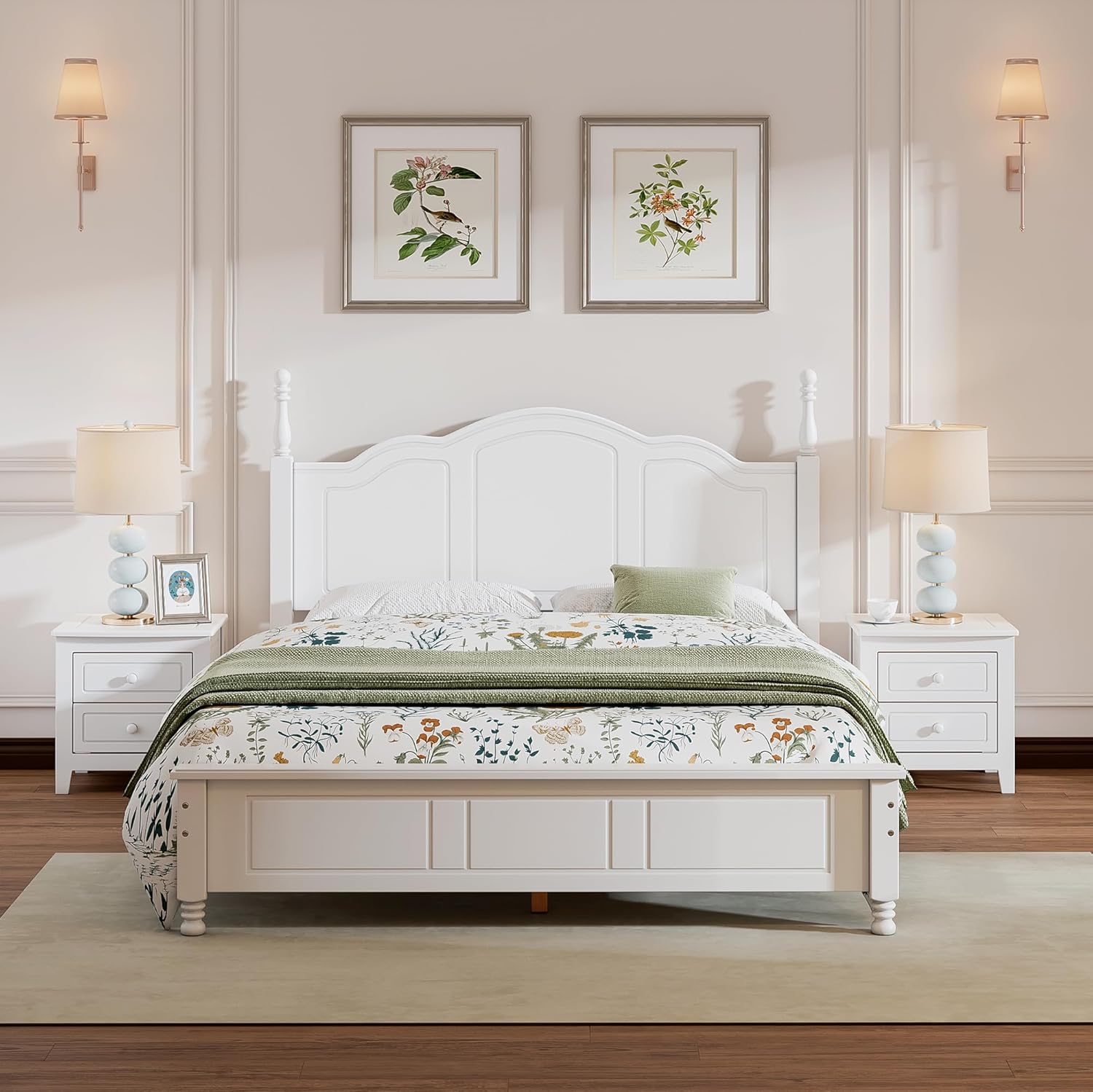 Bedroom Set of Furniture, Wooden Platform Bed and Two Bedside Tables, for Family Use(White(Queen))