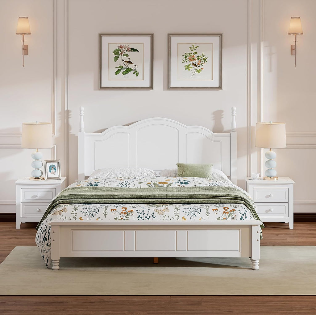 Bedroom Set of Furniture, Wooden Platform Bed and Two Bedside Tables, for Family Use(White(Queen))