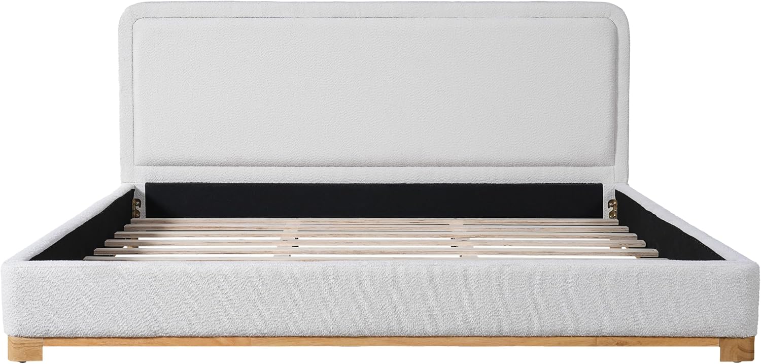 Christopher Knight Home Robey King Size Platform Bed Frame, Boucle Fabric King Size Bed Frame and Headboard, Modern King Bed Set, Wooden Slat Support, No Box Spring Needed, Easy Assembly, White