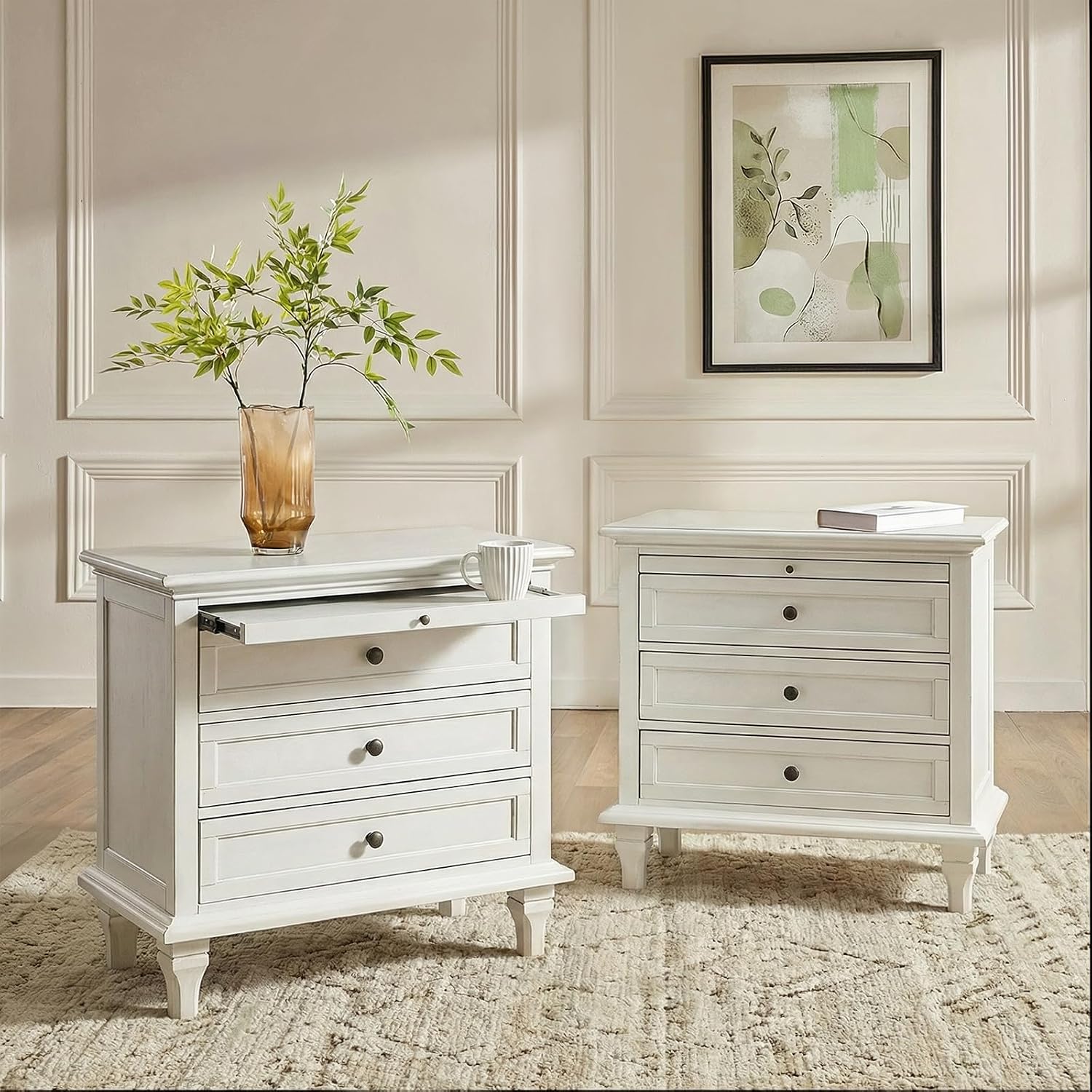 HULALA HOME Farmhouse 3 Drawer End Table with Tray, Drawer Organizer with Solid Wood Legs, End Table with Charging Station（White, Set of 2）