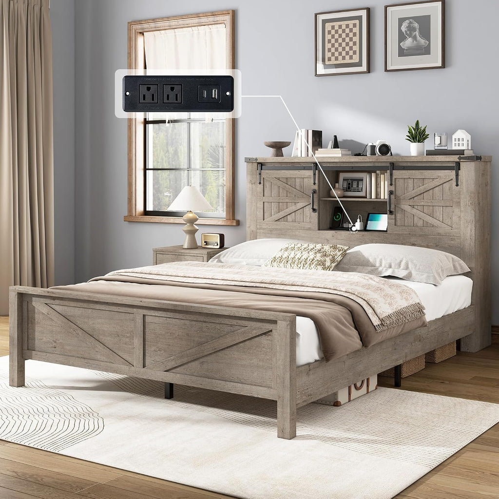 AMERLIFE Farmhouse Queen Bed Frame with Storage Headboard & Charging Station, Rustic Wood Platform Bed with Barn Door Bookcase, No Box Spring Needed, Light Grey Bedroom Furniture