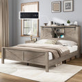 AMERLIFE Farmhouse Queen Bed Frame with Storage Headboard & Charging Station, Rustic Wood Platform Bed with Barn Door Bookcase, No Box Spring Needed, Light Grey Bedroom Furniture