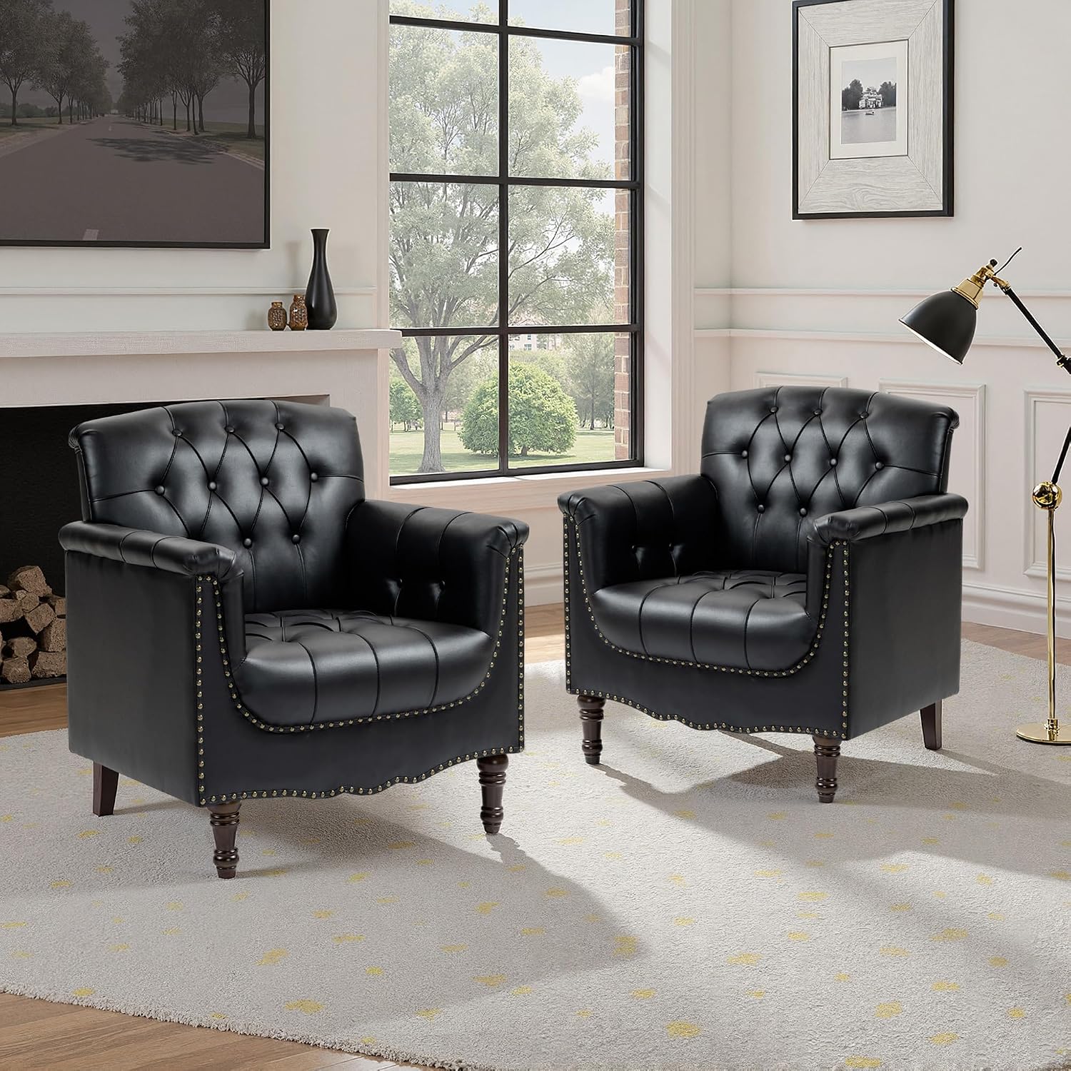 Faux Leather Accent Chair, PU Leather Modern Comfy Upholstered Armchair with Wood Legs & Nailhead Trim for Living Room, Bedroom (Black,Set of 1)