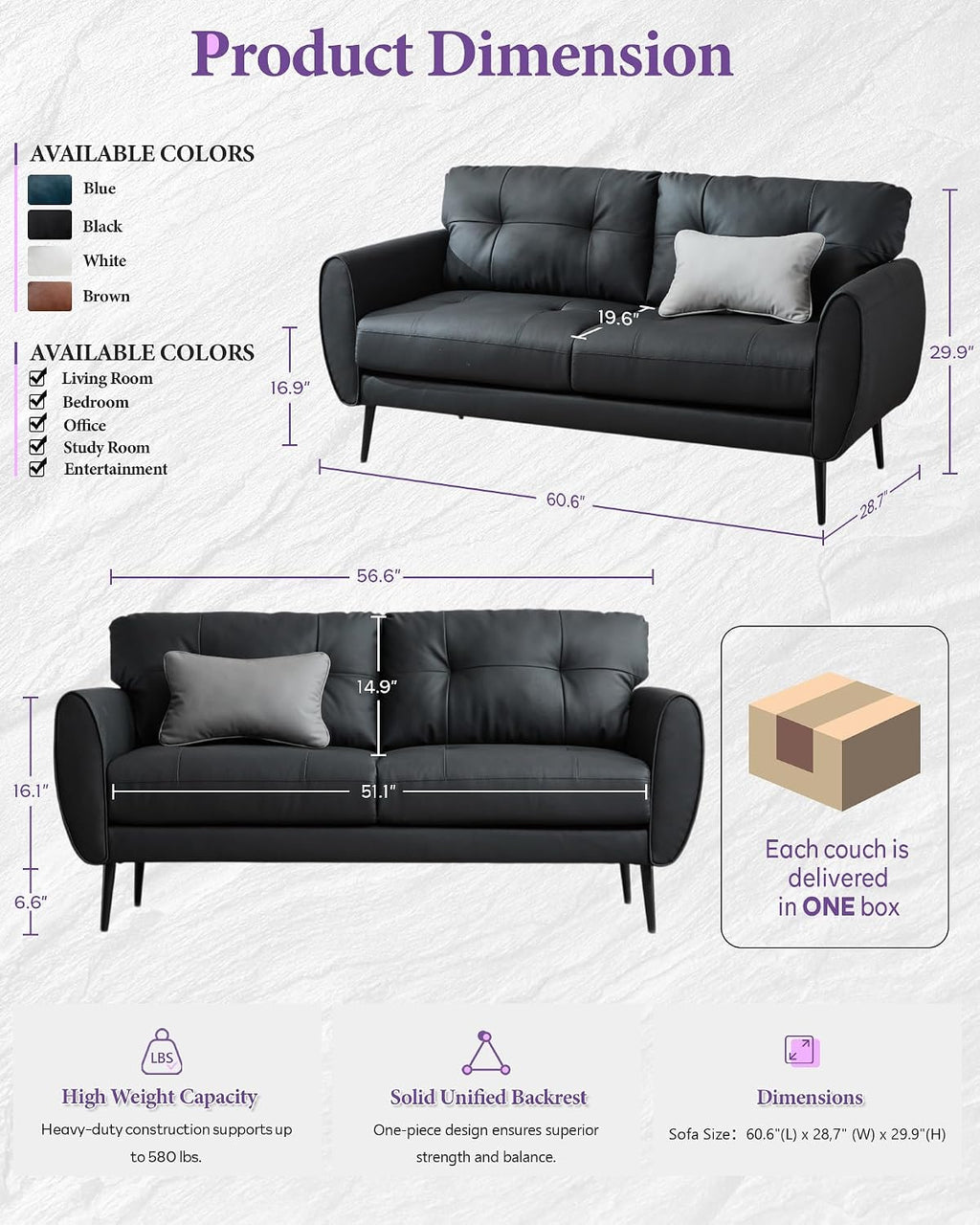 TYBOATLE Sofa Couch 61' Small Loveseat Couches for Living Room, Black Faux Leather Couch Mid Century Modern Tufted Mini Sofa Comfy Office 2 Seat Settee Love Seat Couches for Small Spaces Bedroom