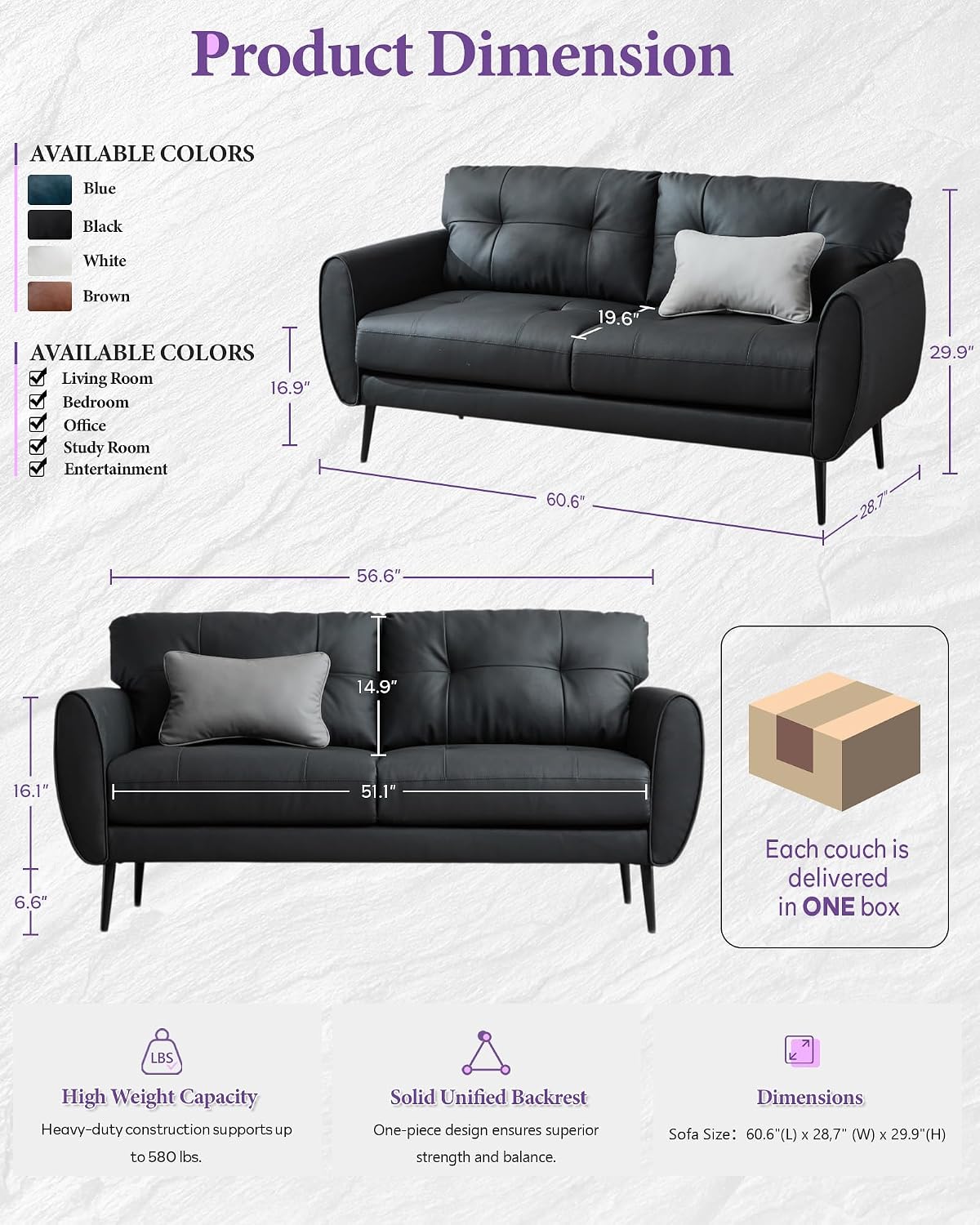 TYBOATLE Sofa Couch 61' Small Loveseat Couches for Living Room, Black Faux Leather Couch Mid Century Modern Tufted Mini Sofa Comfy Office 2 Seat Settee Love Seat Couches for Small Spaces Bedroom