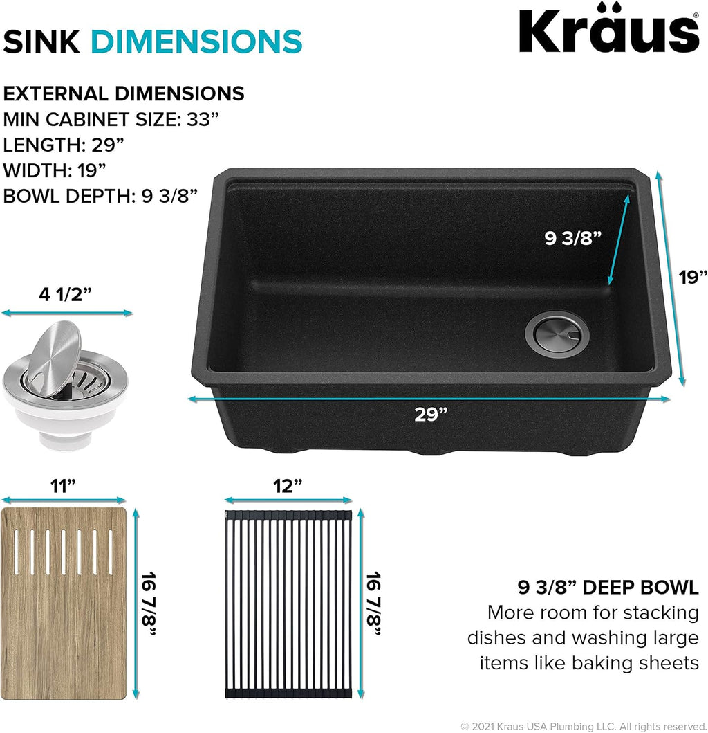 KRAUS Bellucci 30' in. Undermount Workstation Granite Kitchen Sink in Metallic Black with Accessories, KGUW2-30MBL
