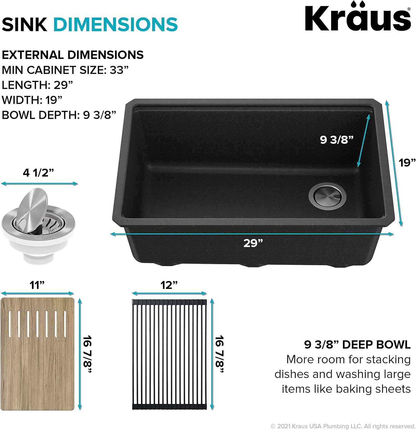 KRAUS Bellucci 30' in. Undermount Workstation Granite Kitchen Sink in Metallic Black with Accessories, KGUW2-30MBL